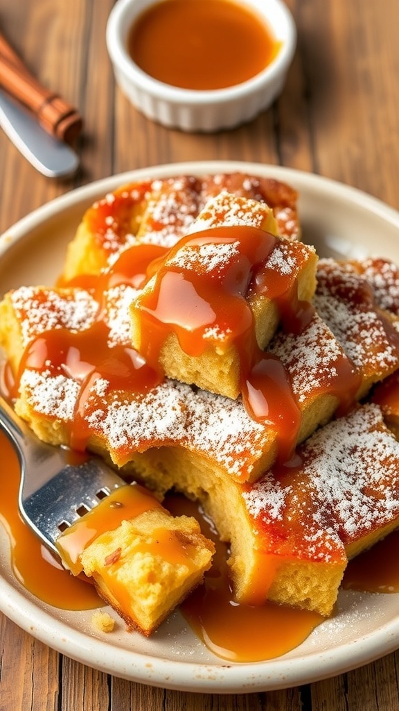 A delicious cinnamon bread pudding with powdered sugar and caramel sauce on a rustic table.